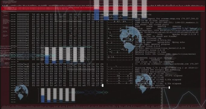 Black frame revealing dark terminal UI, hex dump filling, terminal scrolling, showing network scan