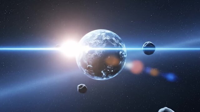 Distant planet with sun flare amidst starry space and orbiting planetoids