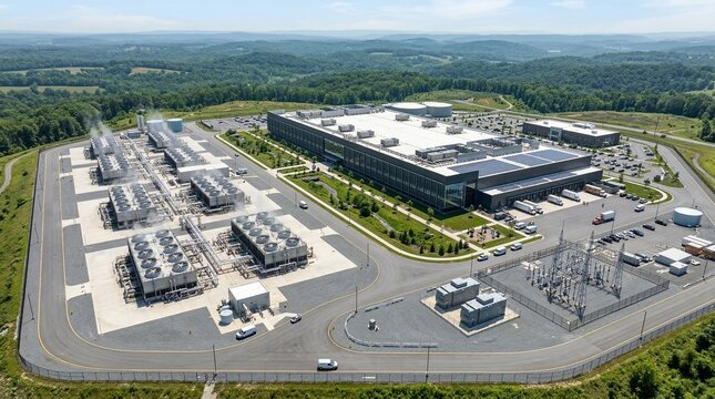 Wide Aerial Drone Shot Of A Massive Modern AI Data Center Complex Set In A Rural Forested Landscape Under Clear Skies