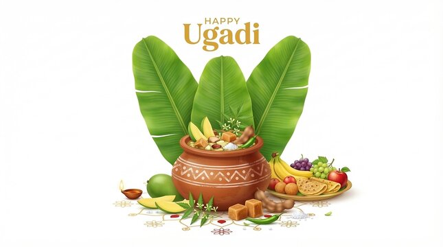  Happy Ugadi Festival Traditional Pachadi Food with Mango, Neem and Banana Leaves on White Background