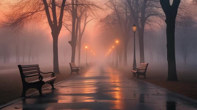 Atmospheric misty park path at sunrise or sunset with illuminated lanterns and benches reflecting on wet pavement during the fog