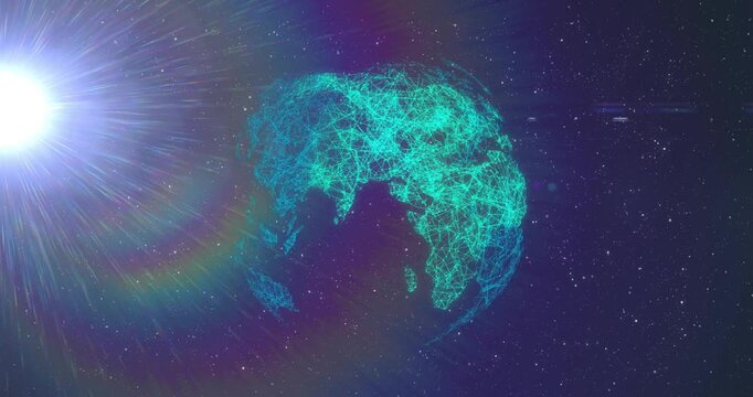 Left light sparking turquoise wire globe rotating clockwise, mesh pulsing, showing global network
