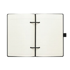 A blank open notebook with black binding and bookmark on a white background.