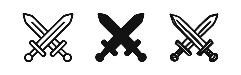 Obraz premium Crossed swords icon set in outline, solid, and hand-drawn styles, representing battle, strength, and medieval themes.