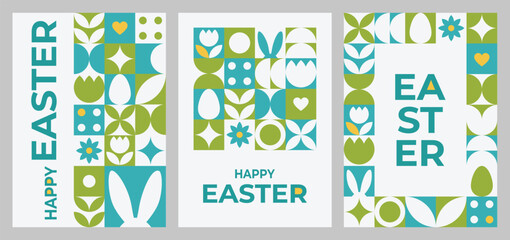 Modern geometric Easter greeting card set with spring symbols, eggs, flowers and bunny shapes. Perfect for holiday branding, greeting cards, invitations, social media and seasonal marketing. © Sova Olga