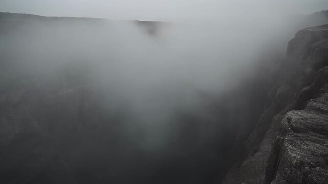Atmospheric view of a deep canyon engulfed in thick mysterious fog and mist highlighting the rugged cliff edge.