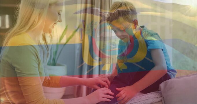 Woman steadying shoe, boy practicing lace tying on bench for learning, flag overlay animating