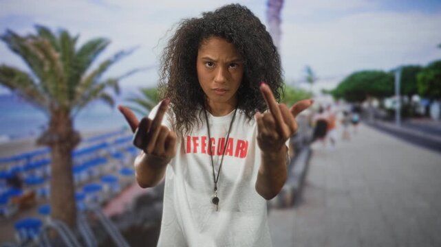 Woman lifeguard in white tshirt with whistle shows middle finger with outstretched hands and stern stare toward camera on street promenade lined with palm trees; defiance authority.