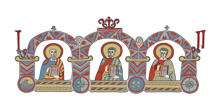 Three Saints Reciting Miroslav Gospel - Medieval Serbian Religious Art