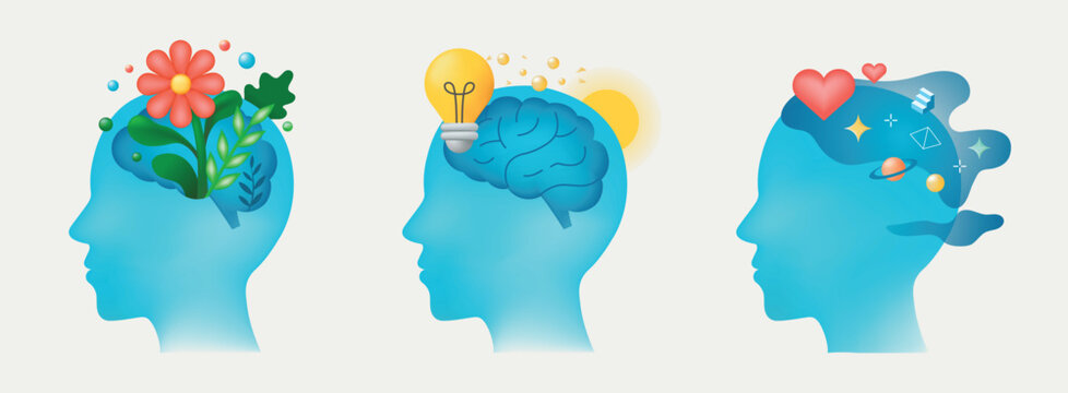 Mental health and psychotherapy concept illustration. Collections of therapy against Loneliness, Illness, Brain Development, or Hopelessness. Vector illustrations set.