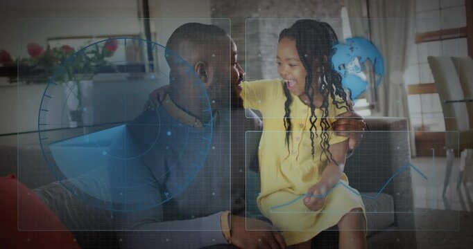 Dad girl sitting sofa with globe leaning laughing leading dad placing HUD animating edtech bonding
