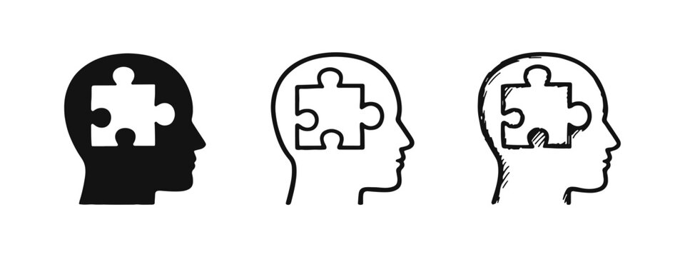 Human head with puzzle piece icon set. Solution, understanding, completion, and problem-solving symbol.