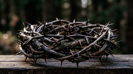 Fototapeta premium Symbolic crown of sharp thorns resting on a weathered rustic wooden surface against a dark moody forest background with soft bokeh lighting