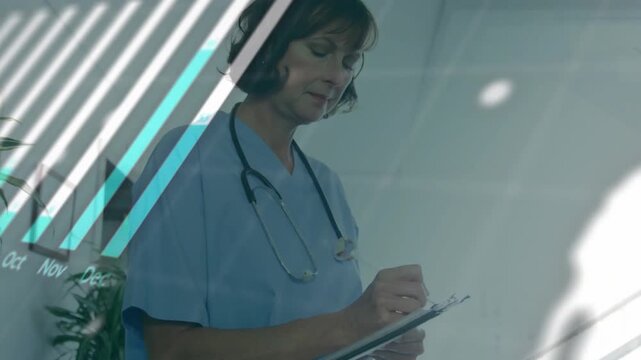 Nurse starting writing on clipboard in clinic, analyzing data with bar chart globe crossing torso