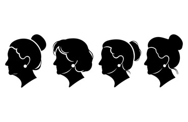 Women profile silhouettes set with different hairstyles, black heads © Rani