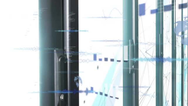 Vertical rail and glass panels revealing HUD graphics as camera panning, visualizing network data