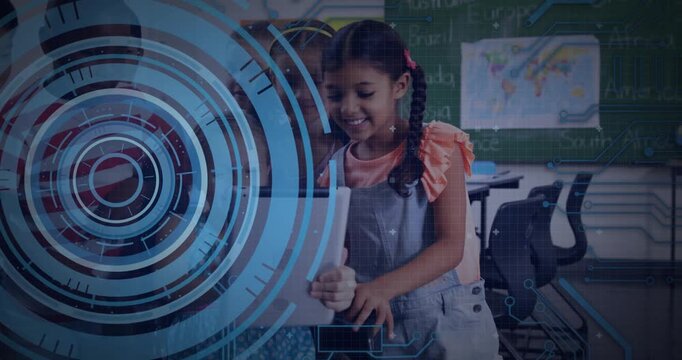 Girl walking up taking tablet from peer turning tapping sharing in education with HUD code overlay