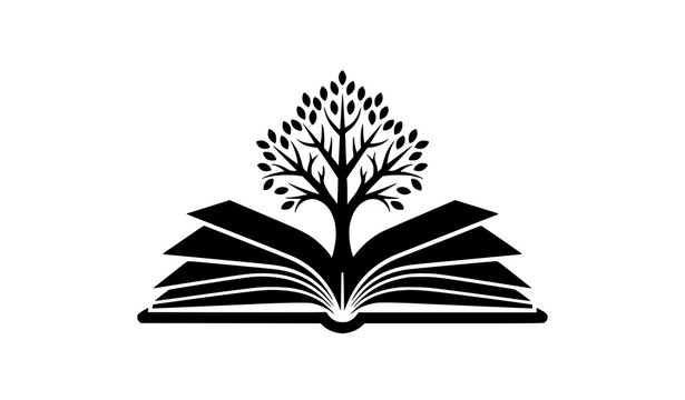 Open book with tree silhouette vector symbol of education growth and knowledge isolated on white background