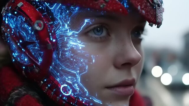 Close up of a young person with cybernetic implants and glowing blue circuits on their face.