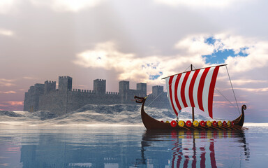 Wikingerschiff vor einer Küste mit einer Festung © Michael Rosskothen