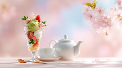 満開の桜を背景に、抹茶アイスと新鮮な苺を贅沢に使った春限定のパフェ。ティーポットとカップを添えた優雅な和風スイーツのティータイム。