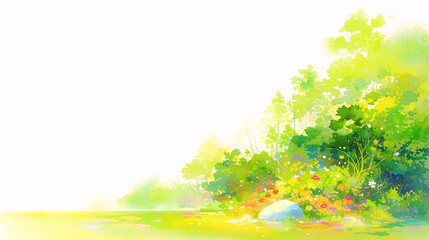 水彩画風のタッチで描かれた、光が差し込む鮮やかな新緑の森と可憐に咲く色とりどりの花々。春や夏の訪れを感じさせる清々しく明るい自然の背景イラスト。