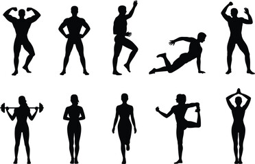Fototapeta premium Fitness and workout silhouettes set with men and women exercising stretching running and weightlifting gym training activity icons