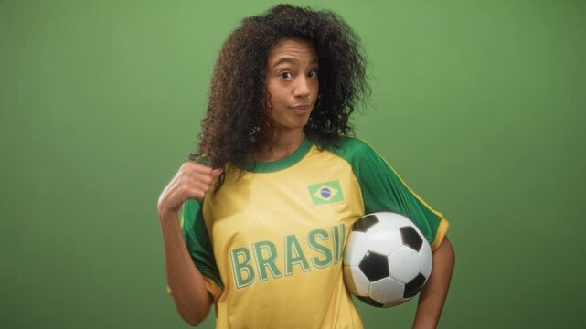 Teenage woman in brazil jersey holds soccer ball and points finger toward camera in studio; confidence team spirit.