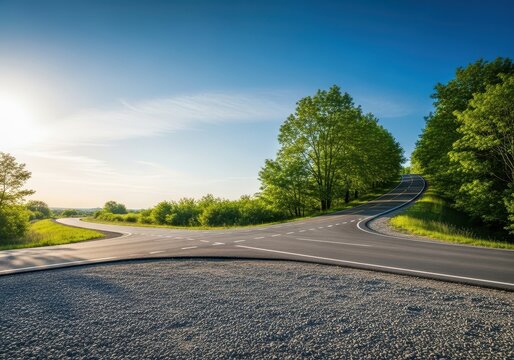 Rural intersection viewed from the roadside gravel shoulder leading into two divergent asphalt roads under a bright clear sky, symbolizing choice, meeting, gravel, terrain