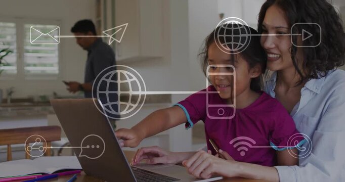 Mother pointing screen, guiding child on laptop, initiating digital learning with globe Wi-Fi icons