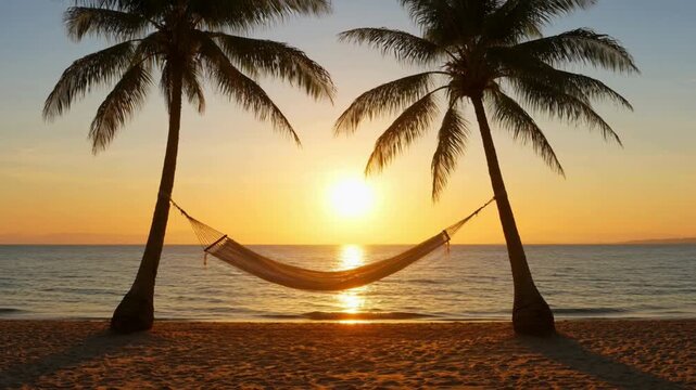 Hammock between palm trees swinging over sandy beach during tropical gold sunset