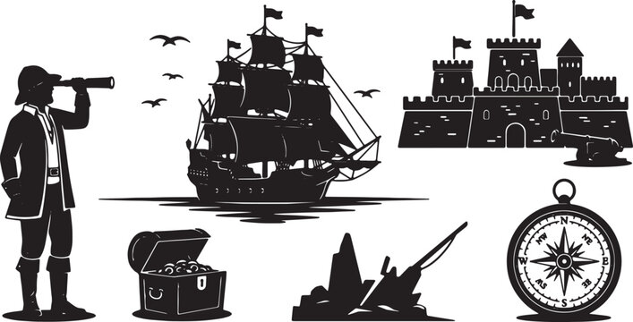 Black Solid Age of Discovery Harbor Silhouettes Set of Six on White Background