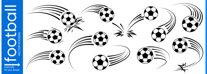 Fototapeta premium Soccer ball football icon with goal vector and logo illustration for sport world cup 2026. Football set design of flying foot motion in white abstract black element flat league play