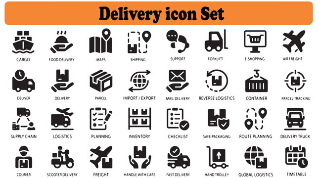 Delivery Icon Set Featuring Various Transportation Modes and Logistics Symbols