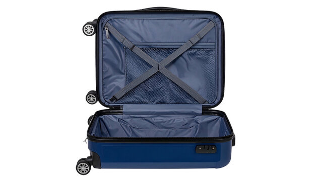 Open blue suitcase, interior visible with compartments and straps against a black background