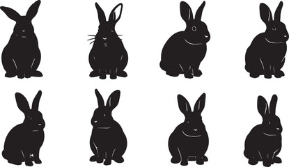 Black Solid Alert Bunny Silhouettes Set of Six on White Background © AADIL