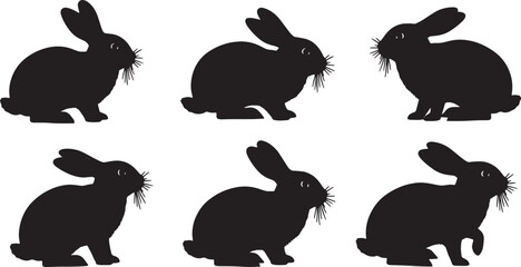 Obraz premium Black Solid Alert Twitching Bunny Silhouettes Set of Six on White Background