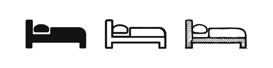 Bed icon set in flat, line, and doodle styles. Hotel room, sleeping accommodation symbol vector. © drawing lines