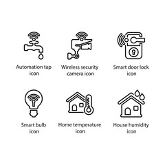 Automation tap, Security camera, Smart door lock, Smart bulb, Home temperature, House humidity, icon