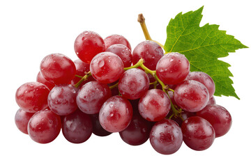 Fototapeta premium Fresh red grapes with water droplets, a green stem, and leaf, isolated on a transparent background, ready for use