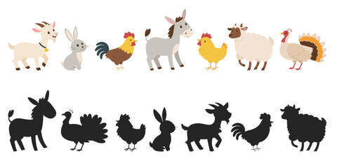 Obraz premium Guess the shadow. Farm Animals Vector Set with Silhouettes. Cartoon Collection with Goat, Rabbit, Donkey, Rooster, Chicken, Sheep and Turkey.