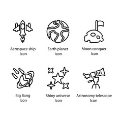 Aerospace ship, Earth planet, Moon conquer, Big Bang, Shiny universe, Astronomy telescope, icon
