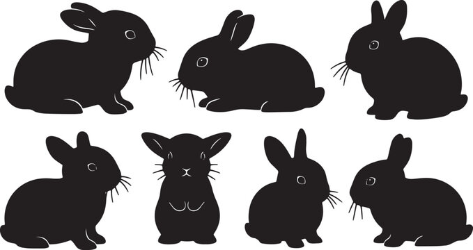 Black Solid Baby Bunny Silhouettes Set of Six on White Background