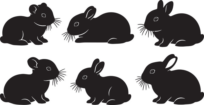 Black Solid Baby Bunny Silhouettes Set of Six on White Background