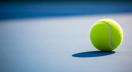 Bright yellow tennis ball on a blue court surface, with a shadow. Clear, sunny daylight