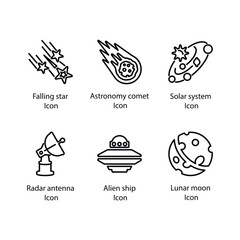 Falling star, Astronomy comet, Solar system, Radar antenna, Alien ship, Lunar moon, icon