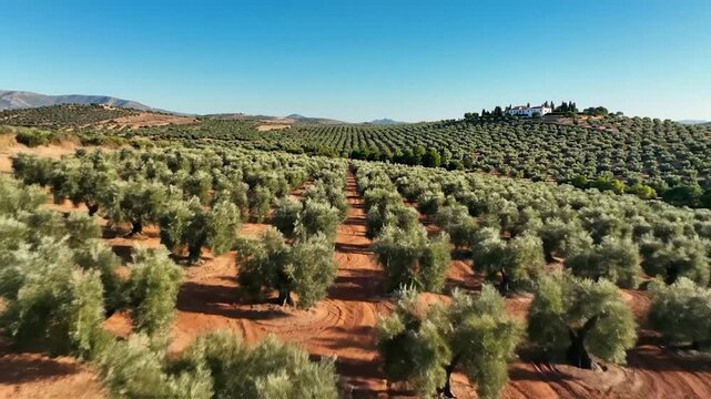 Aerial view of a vast olive grove with rows of trees under a clear blue sky