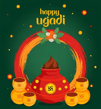 Happy ugadi festival celebration with traditional pot and decorations