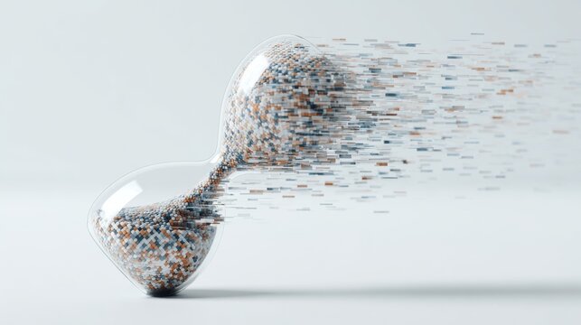 Abstract glass hourglass with particles dissolving into digital data stream