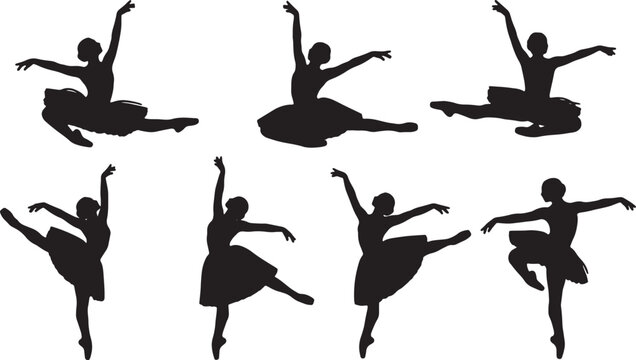 Black Solid Ballet Brise Cabriole Silhouettes Set of Six on White Background